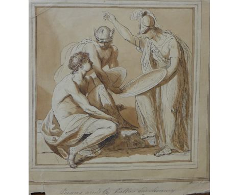 Old Master drawing, 1707, Perseus arm'd by Pallas and Mercury, pen and wash, indistinctly signed lower right, a/f, 20 x 20cm