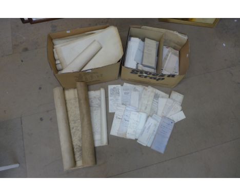 Assorted vintage maps, Ordnance Survey maps, deeds, etc. 