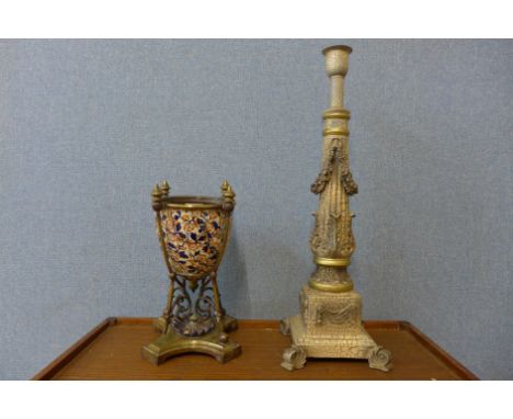 A gilt metal and Amari porcelain centrepiece, a/f and a table lamp 