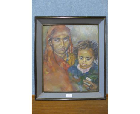 Ranjith Perera, (Sri Lankan), portrait of mother and child, oil, framed 