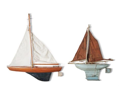 A SCRATCH BUILT WOODEN POND YACHT  LATE 20TH CENTURY  83cm high, 65cm long   Together with another pond yacht Duck-egg blue p