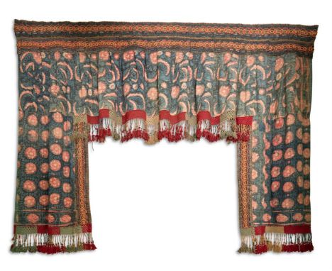 AN INDIAN HAND WOVEN COTTON AND HAND BLOCK PRINTED WINDOW SURROUND AND A NATURAL COTTON CURTAIN  THE BLOCK PRINTED FABRIC 19T
