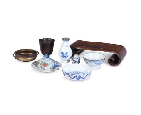 A CHINESE HARDWOOD CUP 19TH CENTURY 9cm high and stand 32cm longtogether with a Chinese twin handled brass brush washer 12.5c