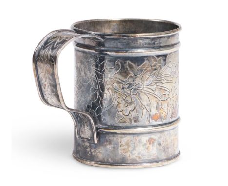 A TURKISH SILVER TANKARD  18TH CENTURY  With a loop handle, two girdles and engraved with flowers  12.5cm (5in) high  417g (1