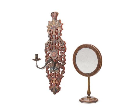A TURKISH CARVED AND PAINTED WALL LIGHT  LATE 19TH CENTURY  With single candle arm  47cm high Together with a Kashmir polychr