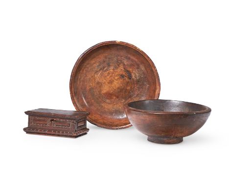 A TURNED SYCAMORE BOWL  18TH CENTURY  41cm diameter   Together with a 19th century turned softwood and elm bowl 38cm diameter