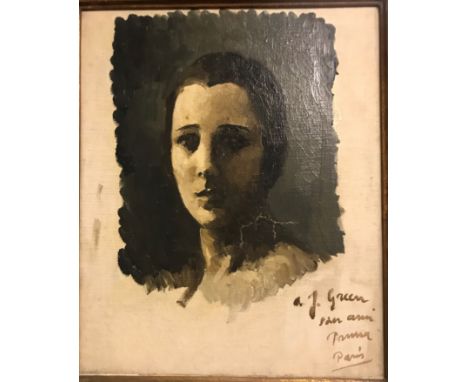 PEDRO PRUNA OCERANS (1904-1977) “Portrait de Femme”, a head study, oil on canvas laid on board, inscribed “À J Green Son Ami 