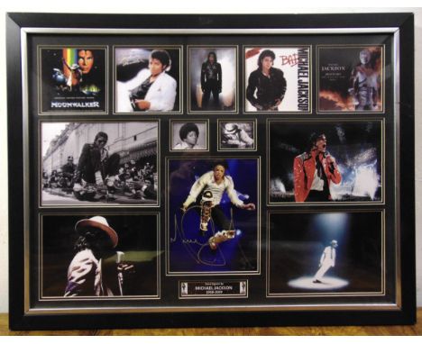 A framed and glazed signed Michael Jackson collage of photographs to include COA to verso, 58 x78cm