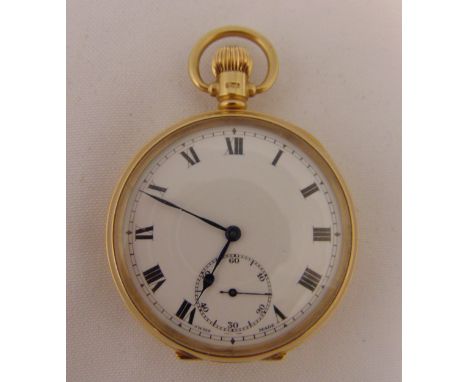 9ct yellow gold open face pocket watch, white enamel dial with Roman numerals and subsidiary seconds dial, approx total weigh