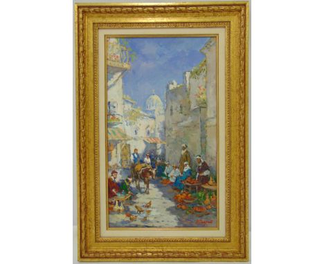 Valéry Sekert framed oil on panel of a street market, signed bottom right, 40 x 22.5cm ARR applies