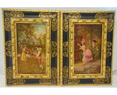 A pair of gilded wooden framed oils on panel of courting couples in 18th century costume, 40 x 22.5cm each