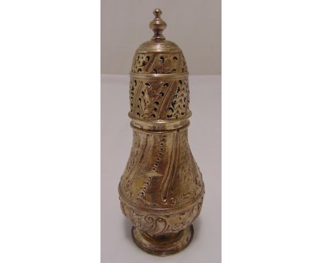 A Victorian hallmarked silver sugar castor, baluster form chased with leaves and scrolls on raised circular base with pierced