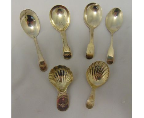 Six George III and George IV hallmarked silver caddy spoons of various shape and form, approx total weight 70g