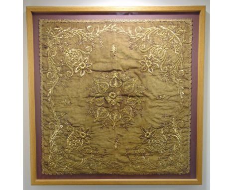 A framed and glazed antique mid-European gold thread hand embroidered panel, 84 x 81cm