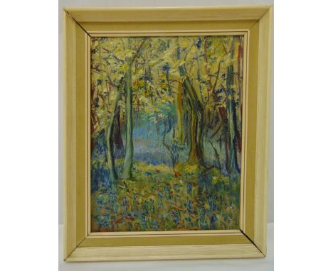 Rene Temple framed oil on panel titled The Bluebell Woods, signed bottom right, 45 x 34.5cm