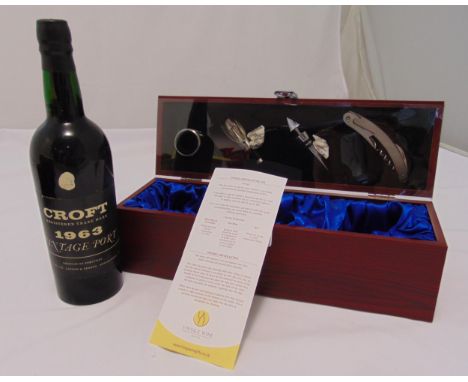 Croft 1963 vintage port in presentation wooden crate, to include accessories