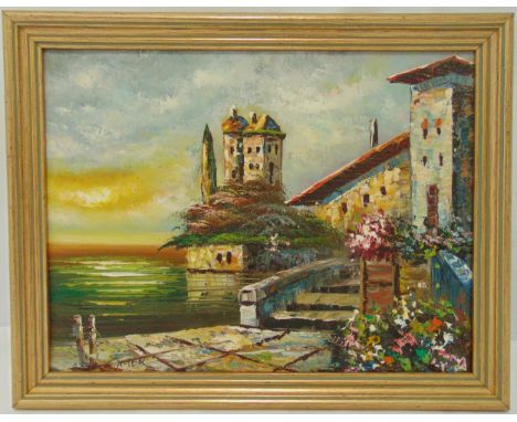 Omer framed oil on canvas of a continental waterside house and garden, signed bottom left, 31 x 41cm