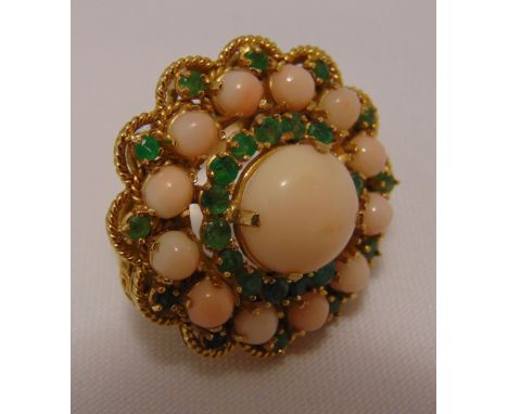 Yellow gold, light coral and emerald dress ring, tested 14ct, approx total weight 19.6g