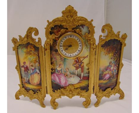 A Viennese style boudoir clock of three sections with polychromatic scenes depicting lovers and musicians, 32.5cm (h)