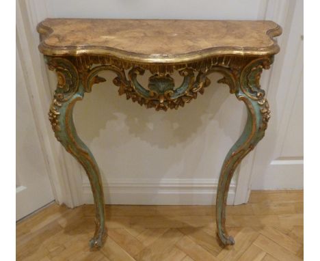 A consol table shaped rectangular, carved with shells and swags on two cabriole legs, 84 x 77 x 35cm