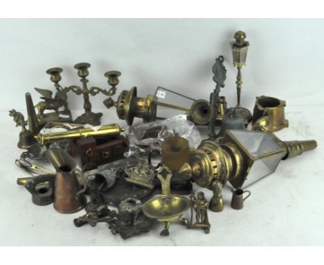 A collection of assorted brass and copper ware, including cannon on wooden stand, set of bellows, Tobacco/Snuff box, silver m