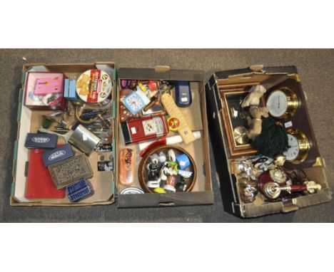 Various collectables, in three boxes, including key rings, a modern wall barometer clock and much more