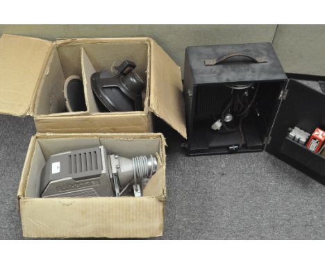 Two vintage projectors, one being a Hi-Lyte slide and film projector in original box, together with a pair of speakers