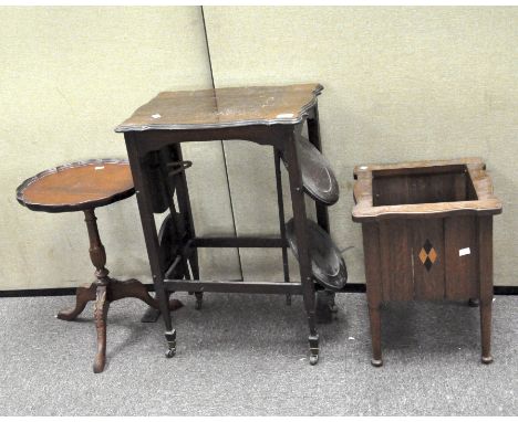 A folding cake stand/trolley, 70cm high; a rectangular jardiniere stand with inlaid panels and a tripod table (3)