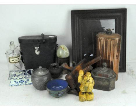 A selection of assorted items, including cloisonne enamel bowl, "Aqua" medicine bottle, binoculars, plane, pewter lidded pot 