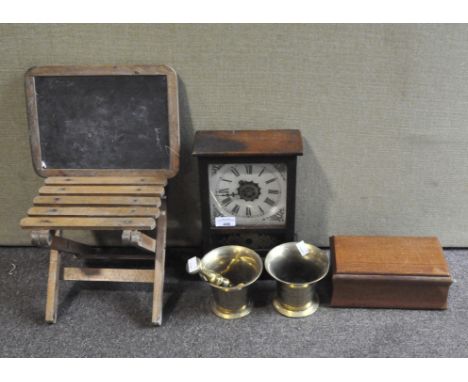 A brass pestle and mortar, and another pestle, a Waterbury Clock Co. (USA) wooden mantle clock, a teak box and other items, t