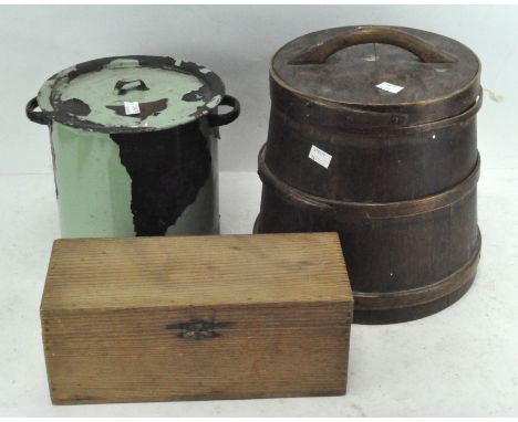 A coopered wooden box, of cylindrical form, together with another box and an enamel bread bin
