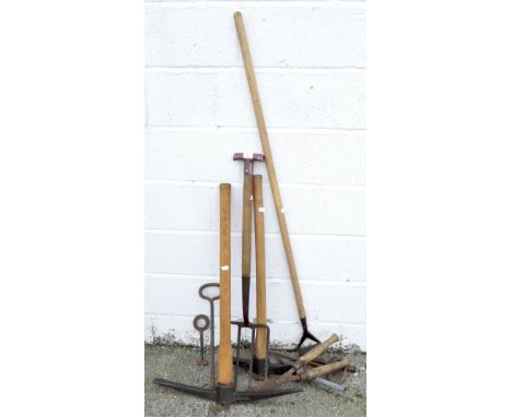 A selection of assorted tools, including a pickaxe, a fork, a hoe, shears and other items