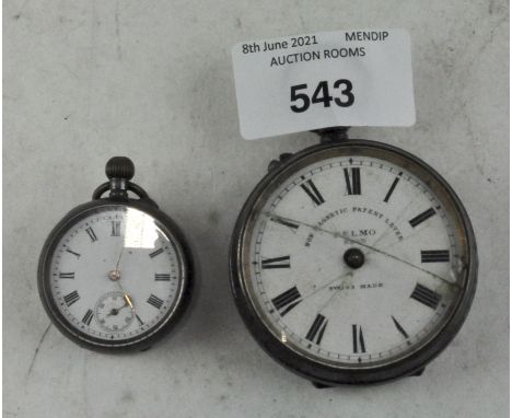 A metal cased pocket watch by  Delmo, together with a smaller fob watch, both with Roman numerals denoting hours on enamel di