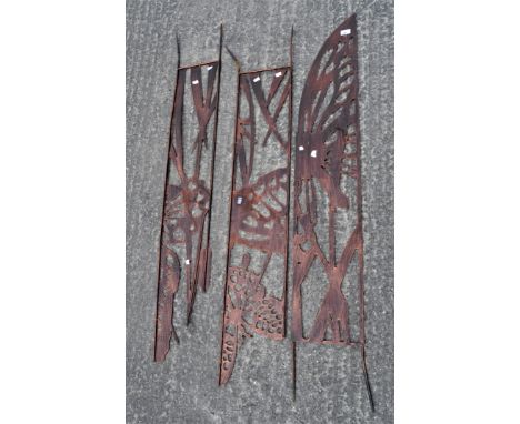 Three polished metal pierced garden sculptural panels, 155cm high