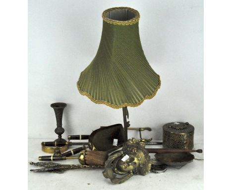 A brass table lamp, 56cm high including shade; together with a selection of other metalware including fireside irons