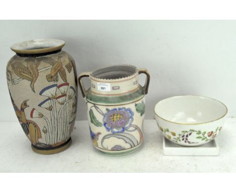 A glazed ceramic two handled vase by Collard Honiton, 24cm high; together with a ceramic bowl, Egyptian style vase and a dish