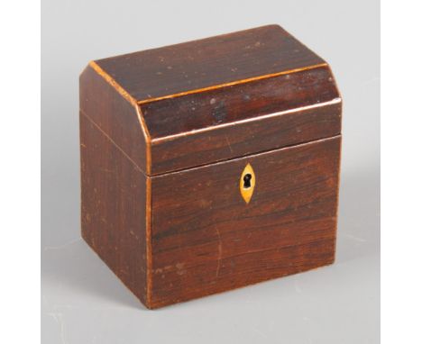 A George III mahogany and box line inlaid tea caddy with canted top, 5" wide
