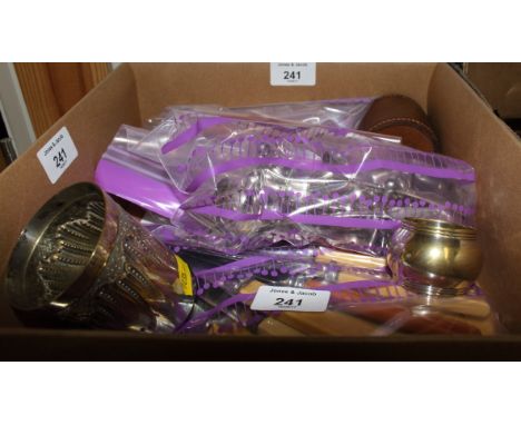 A silver napkin ring, two other napkin rings, a collapsible hunting cup, in leather case, and other silver plate flatware