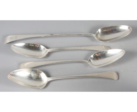 Three Georgian silver Old English pattern serving spoons and a similar basting spoon, 9.4oz troy appox