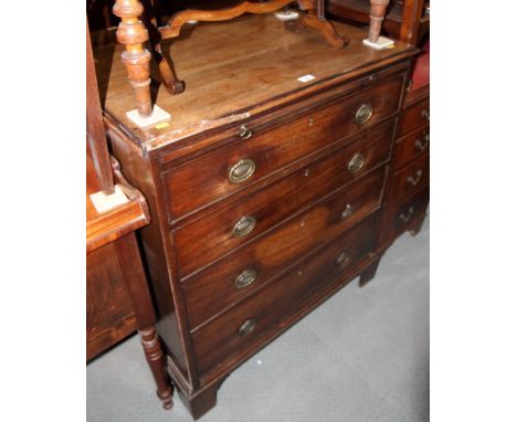 A bachelor's George III mahogany chest of four graduated drawers with brushing slide over, on bracket feet, 34" wide (damages