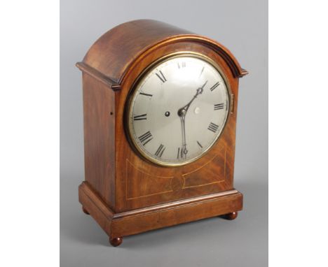 A 19th Century walnut and brass line inlaid bracket clock with eight-day single fusee movement (strike removed), 15" high