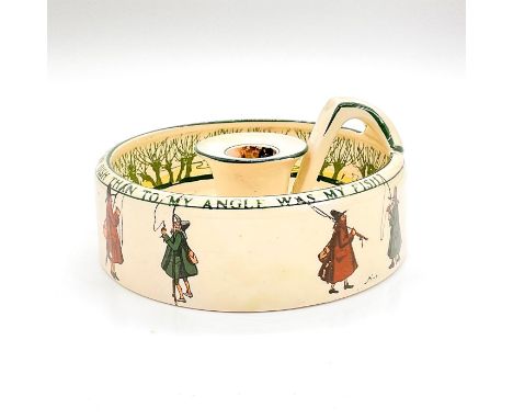 Candlestick with images of men preparing to go fishing. Along the rim reads 'Friend, who is more welcome to my dish than to m