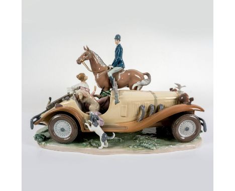 Limited edition, high gloss porcelain. Modeled as a gentleman on horseback stops to talk with a beautiful woman driving her 1