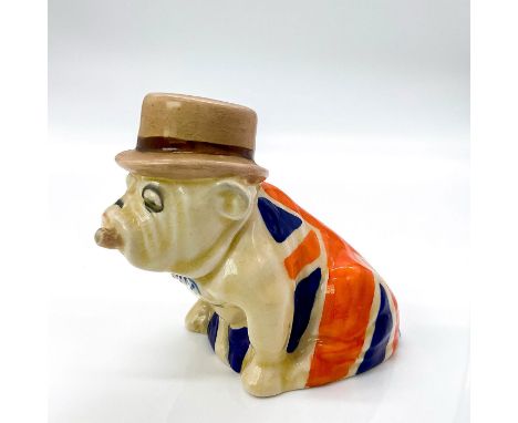 Hand painted, draped in the Union Jack flag and derby hat, modeled with a cigar in his mouth with blue spotted bow tie in hon