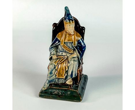 Rare salt glaze stoneware menu holder of a king seated in his throne holding a whip in beautiful coloration.GT impressed to b