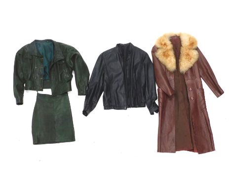 A vintage lady's green leather jacket and matching skirt, a lady's black leather jacket, and a brown leather coat with simula