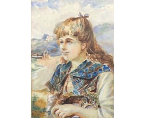 Minnie Taylor (20thC School). Figure of female in chequered scarf at beach, signed and dated March 1902, 37cm x 26cm, in gilt