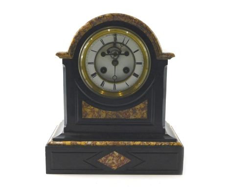 A French black slate and marble mantel clock, with a domed top and rectangular plinth, 29cm high. 
