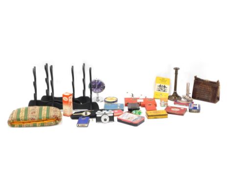 Miscellaneous items, to include snooker cue or sword stand, crocodile bag, Westclox Big Ben alarm clock, camera, etc. 