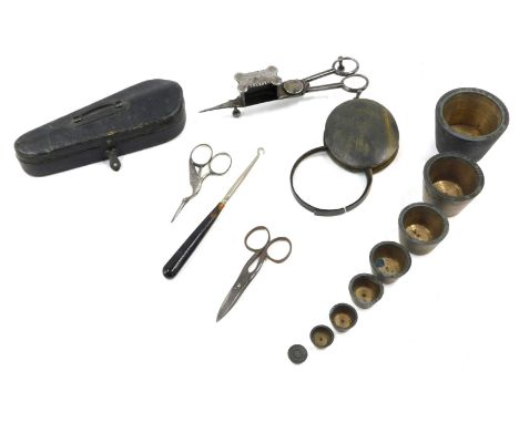 Miscellaneous items, to include a graduated set of bronze weights, horn mounted magnifying glass, steel candle snuffers, a 19